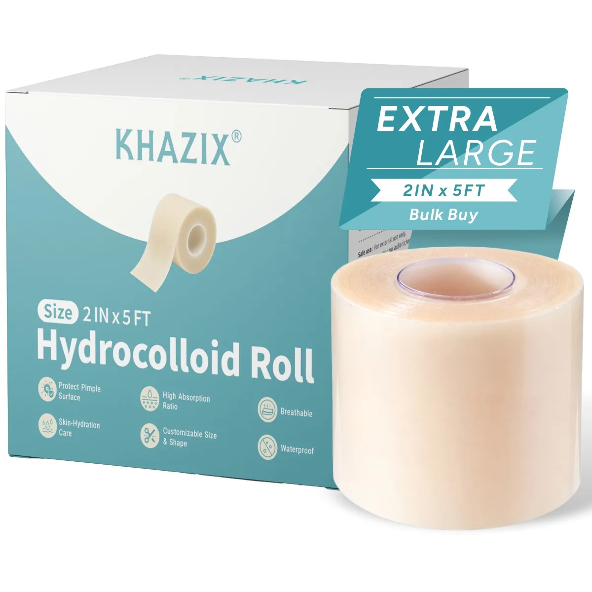 KHAZIX Hydrocolloid Bandage Roll 2in x 5ft Cut-to-Fit Wound Dressing Breathable Skin Cover