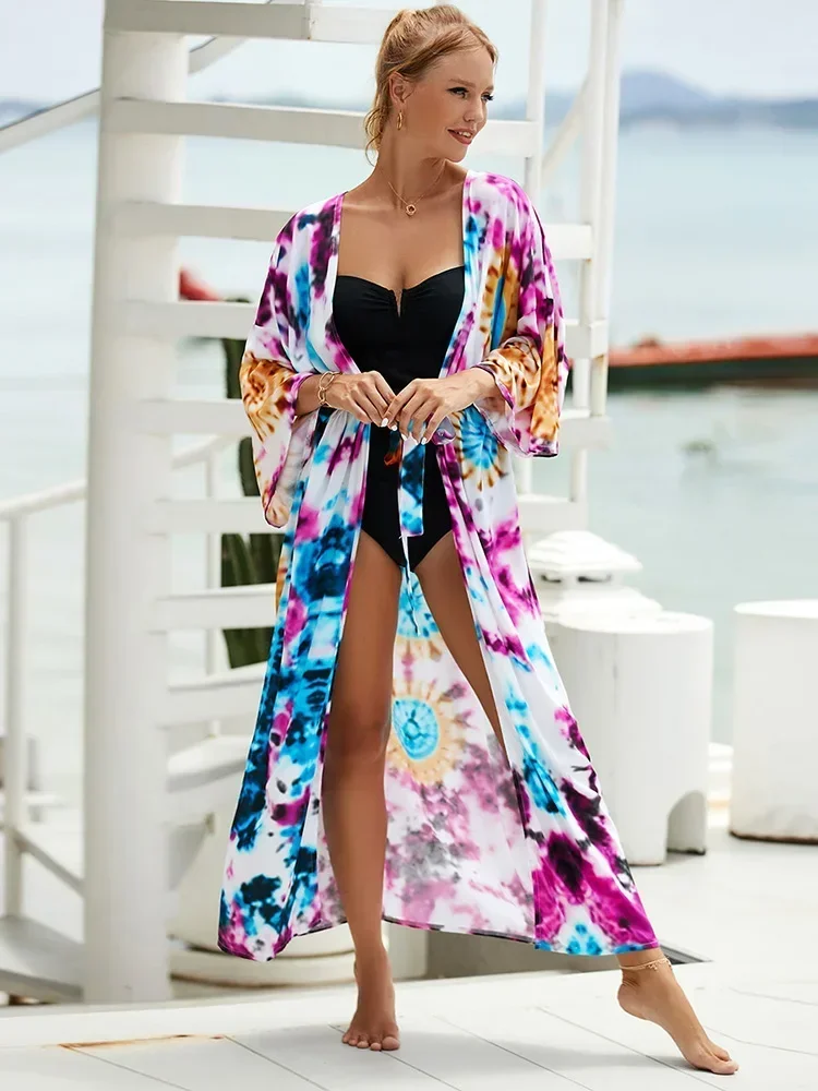 2025 ใหม่Tie Dyeบิกินี่Cover-Upsผู้หญิงชายหาดChicพิมพ์VคอLace Up Plusขนาดชายหาดชุดยาวฤดูร้อนแฟชั่น