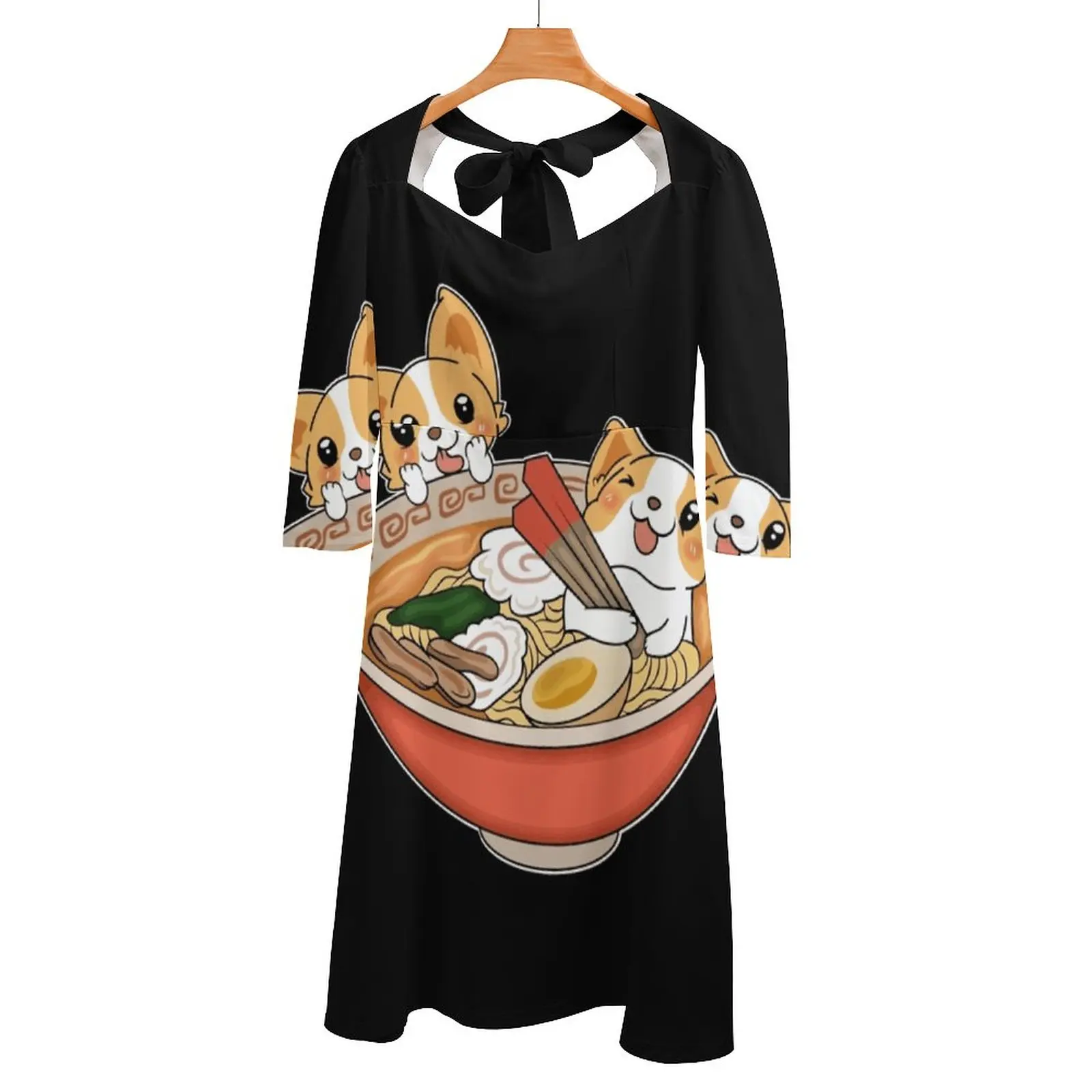 

Kawaii Japanese Anime Corgi Dog Funny Ramen Back Lacing Backless Dress Square Neck Dress Sweetheart Knot Flared Dress Japanese