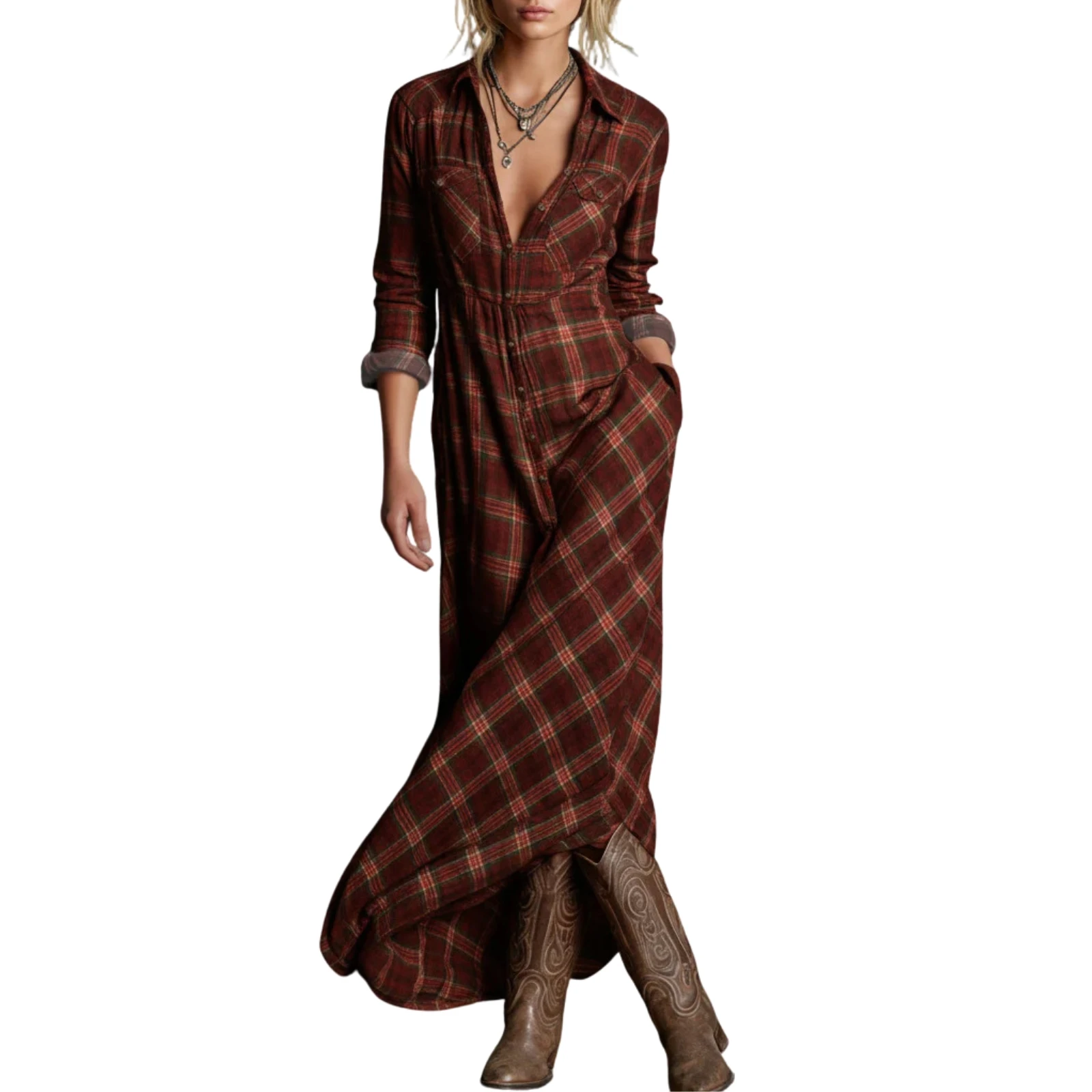 Women Fashion Plaid Dress Classic Lapel With V Neck Comfort Dress Female Daily Outdoor Casual Style Comfortable Long Dress