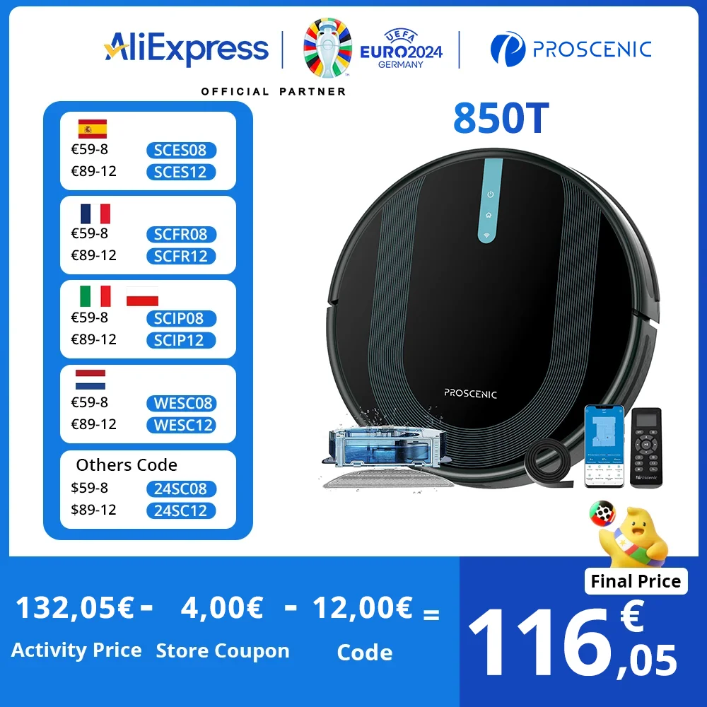 Proscenic 850T WiFi Robot Vacuum Cleaner, APP Control, 3000Pa Strong Suction, Ideal for Carpets, Hard Floors, Boundary Strip