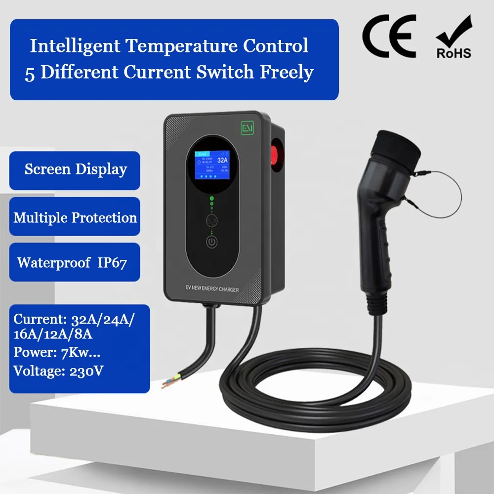 EU EV Charging Station Electric Vehicle Type 2 Charging Guns Current Switch Freely Wall-mounted Column Ac Ev Charging Cable Pile