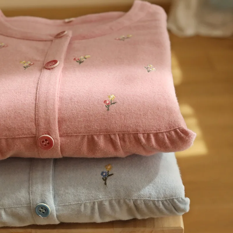 

New High Tech Embroidered Pure Cotton Flannel Long Sleeved Pants Loungewear Set Outdoor Home Sleepwear Fall Winter S-XXL Size