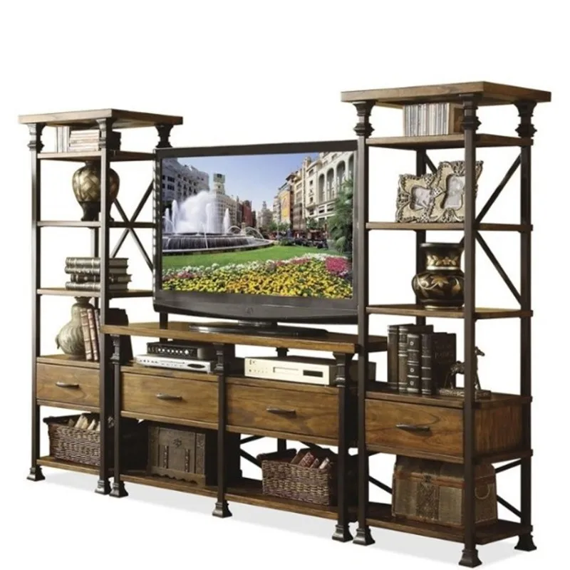 

European North side cabinet wrought iron solid wood TV cabinet retro log small apartment floor rack video cabinet