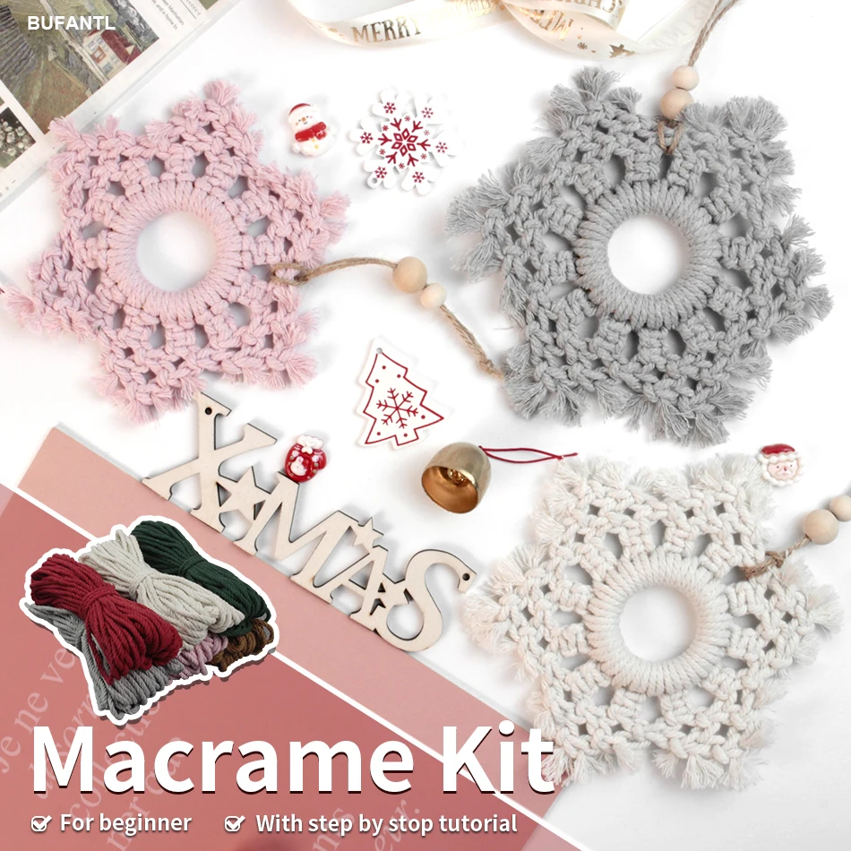 1 set Christmas snowflake macrame kit with tutorial for beginner, Christmas tree decoration pendants