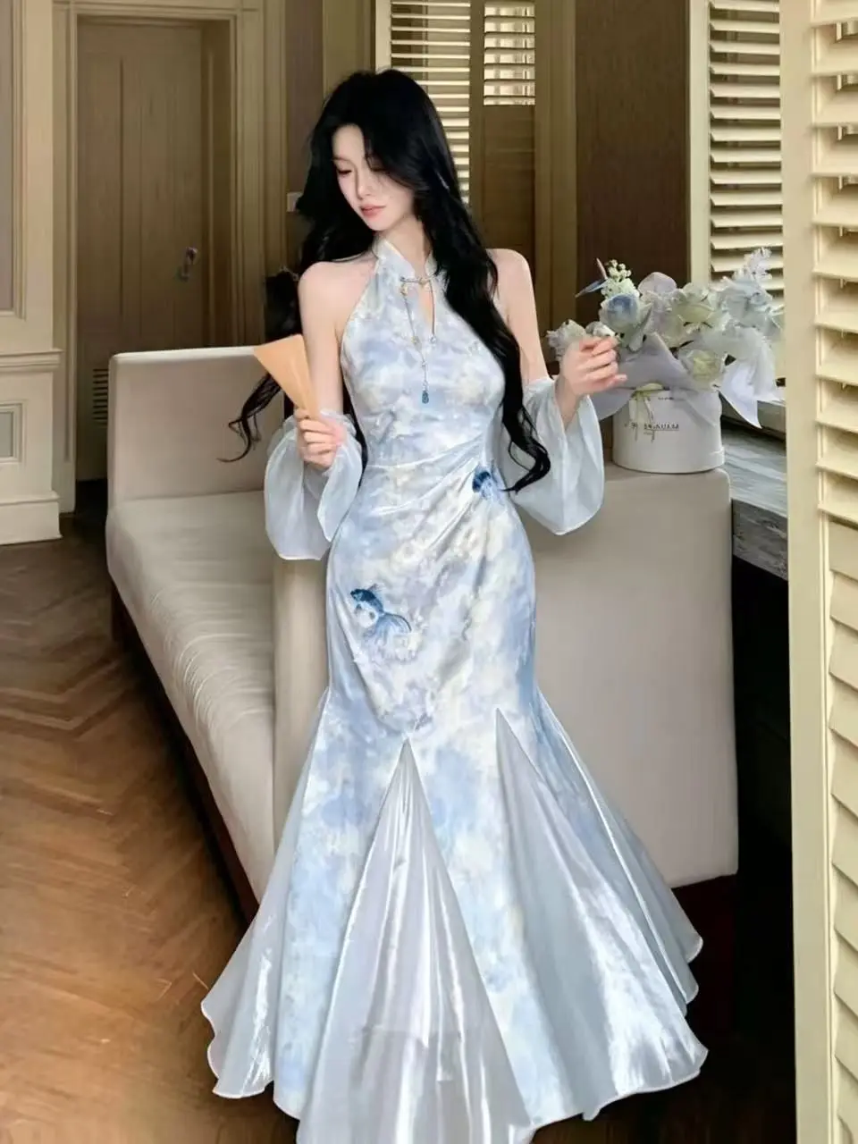 

New Chinese Style Summer High-End Feeling Cool Atmosphere Dress Two-Piece Set with Gradient Fish Tail Skirt Whole Set