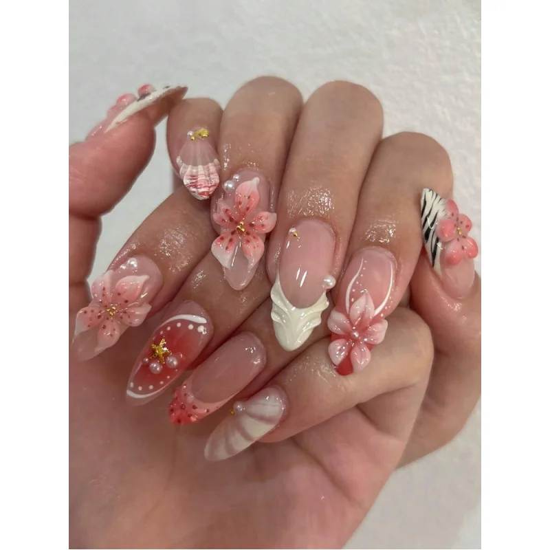 

24Pcs/Set Leopard Print French Almond Shaped Elegant 3D Starfish & Floral Nail Art Stickers With 1Pc Jelly Gel And 1Pc Nail