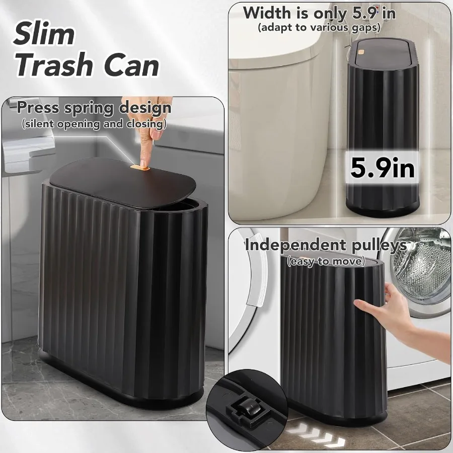 Black Bathroom Accessories Set 9PCS Bathroom Sets with Slim Narrow Trash Can with Press Top Lid Toilet Brush Soap Dispenser Too