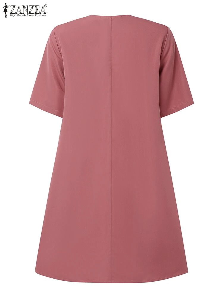 ZANZEA Frauen Sommer Mini Kleider Mode V-ausschnitt Kurzarm Solide Sommerkleid Casual Plissee Vestido Elegante Arbeit Kleider Oversize