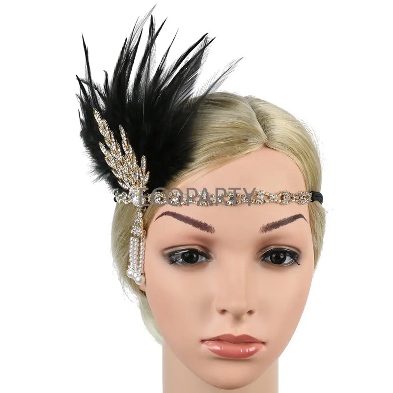 1920s Flapper Headband Feather Headpiece Roaring 20s Great Gatsby Inspired Leaf Medallion Pearl Headband Women Hair Accessories