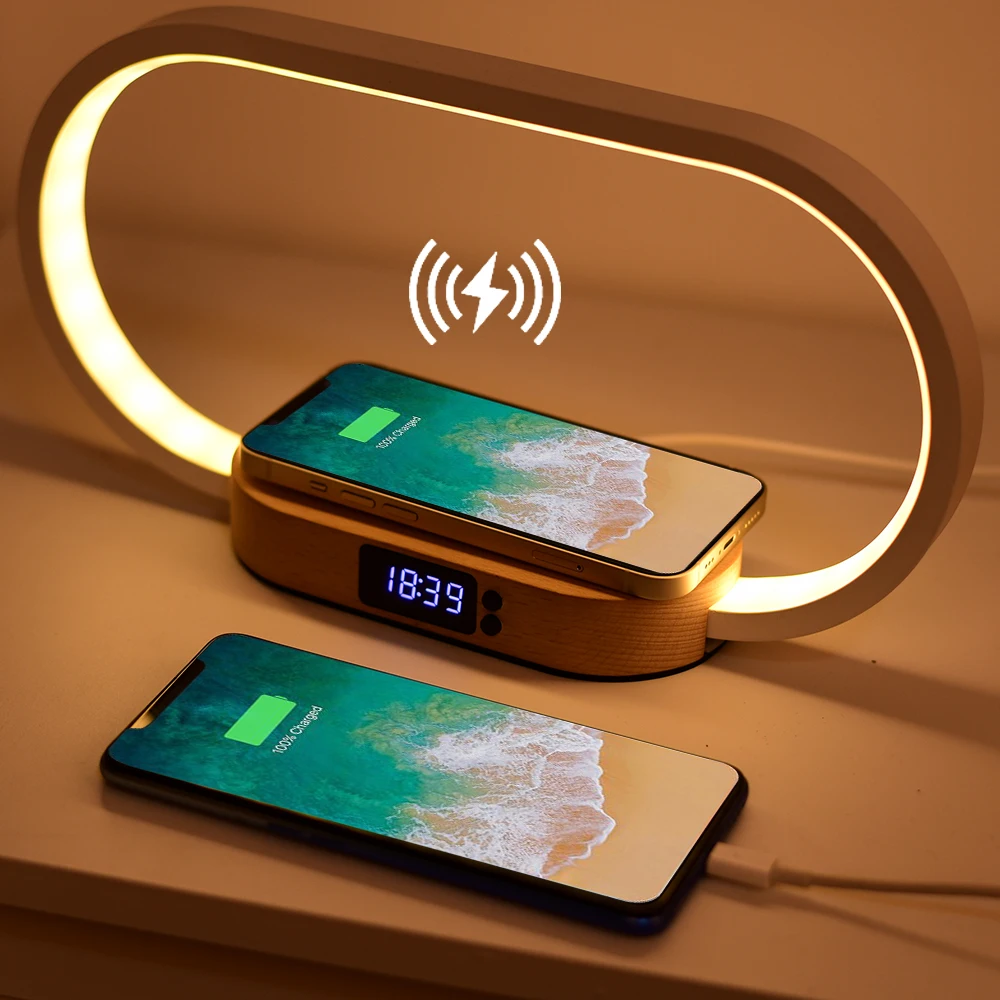 WR08 Factory Stepless Dimming Wooden Bedside Table Lamp With Wireless Charger and Clock