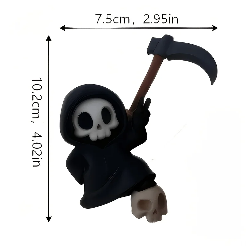 Gothic Sickle Reaper Mini Skull Statue – Dark Desktop Ornament for Halloween, Office & Horror Party Decor.
