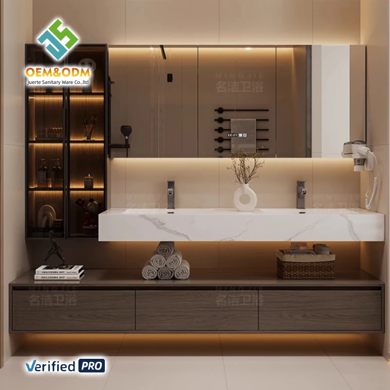 Custom-made Waterproof Bathroom Table Desk Cabinet Panel Mirror Sink Faucet Rock Bathroom Vanities Customizable