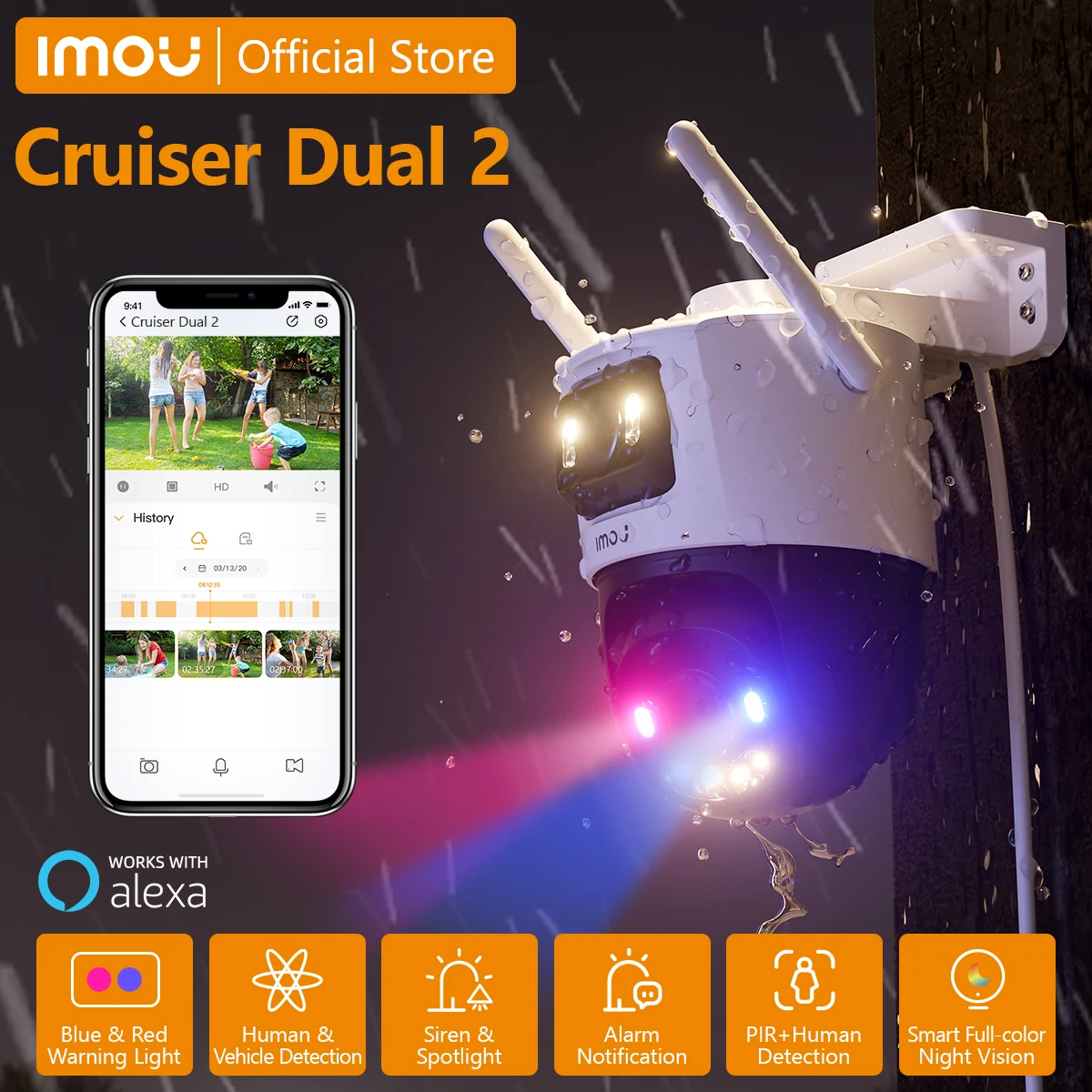 

IMOU Cruiser Dual 2 10MP Red-Bule Warning Light Dual Lens Outdoor PTZ WiFi Camera Vehicle & Human Detection Surveillance Camera
