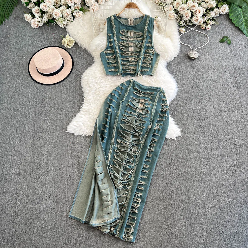 

Woman Handmade Worn-out Hollow Out Denim Vest Sexy Short Sleeveless Holes Jeans Tank Tops+High Waist A-Line Denim Skirt 2Pcs Set