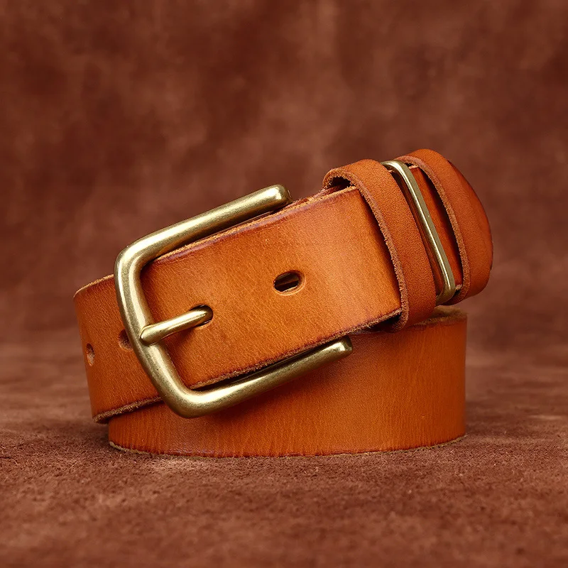 メンズヴィンテージウォッシュ加工＆ダメージ加工ベジタブルタンニン鞣し牛革ベルト（ピンバックル付き）、カジュアルジーンズベルト
