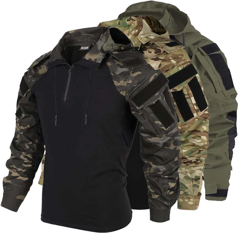 

Тактические рубашки для активного отдыха, мужская боевая рубашка с длинным рукавом и шапкой, хлопковые топы с молнией 1/4, камуфляжная одежда для страйкбола и военной подготовки.