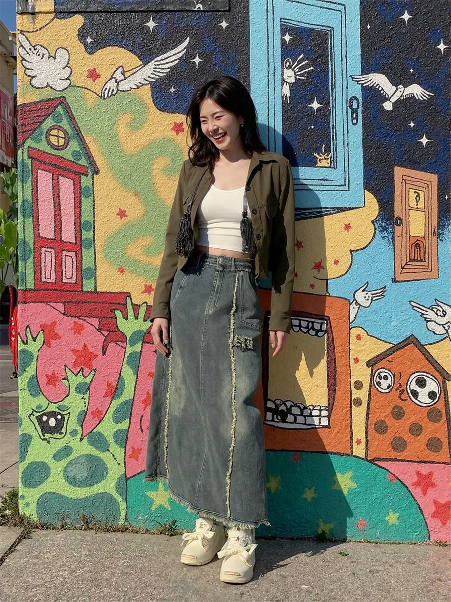 

Джинсовые юбки длиной до щиколотки, женские двухслойные лоскутные юбки с высоким разрезом, уникальные женские художественные летние легкие шикарные современные юбки