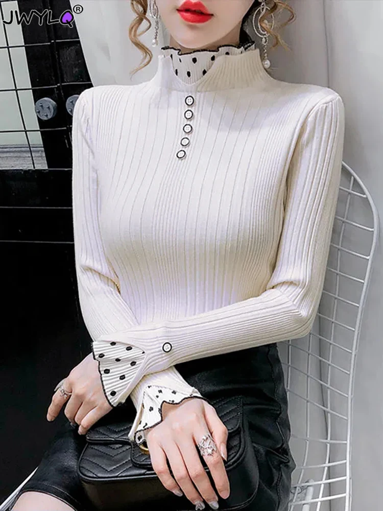 Autumn Winter Turtleneck Sweater Women's Dot Print Lace Ruffle Pullover Women's Trumpet Sleeve Top Solid Knitwear Trend Sweater