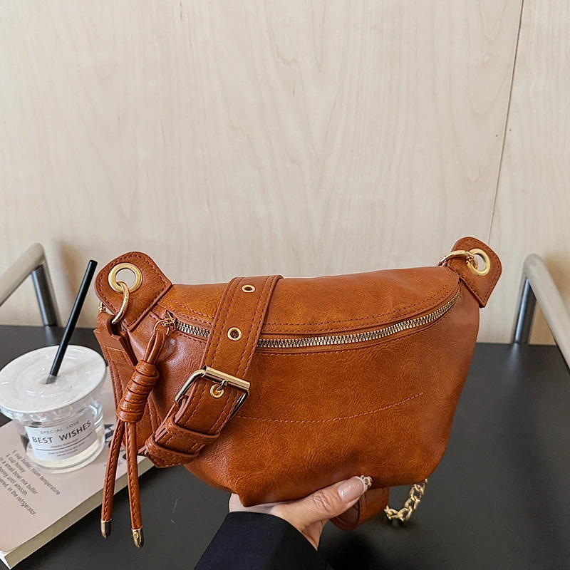 

Trendy Waist Bag For Women Pu Leather Fanny Waist Pack Chain Crossbody Chest Bag Hip Zipper Phone Purse Handbag Travel Belt Bag