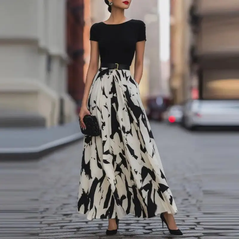 

Casual T-shirt Skirt Two-Piece Set Independent Printing Cross-Border Women's Fashion Ensemble Commute Style Mid-Low Waist PVC