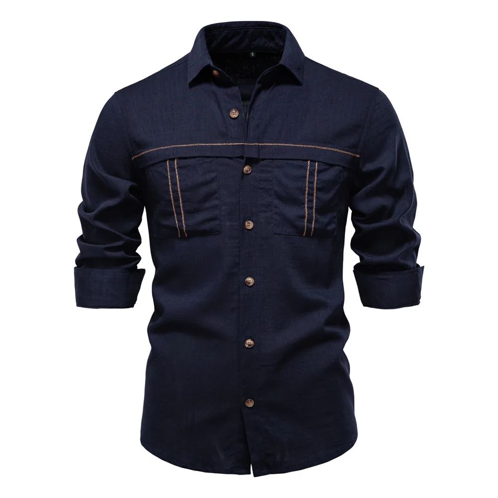 

2025 Spring New Men's Long-Sleeve Casual Shirt European Size Solid Color Pocket Decoration Long-sleeved Shirt Men Clothing