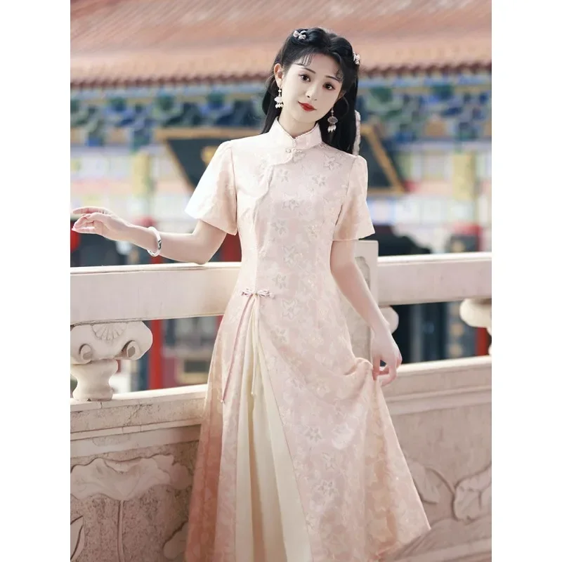 Chinese Traditional Women Qipao Dress Pink Jacquard Round Neck Short Sleeve Cheongsam Vestidos De Fiesta Largos Mujer Para Bodas