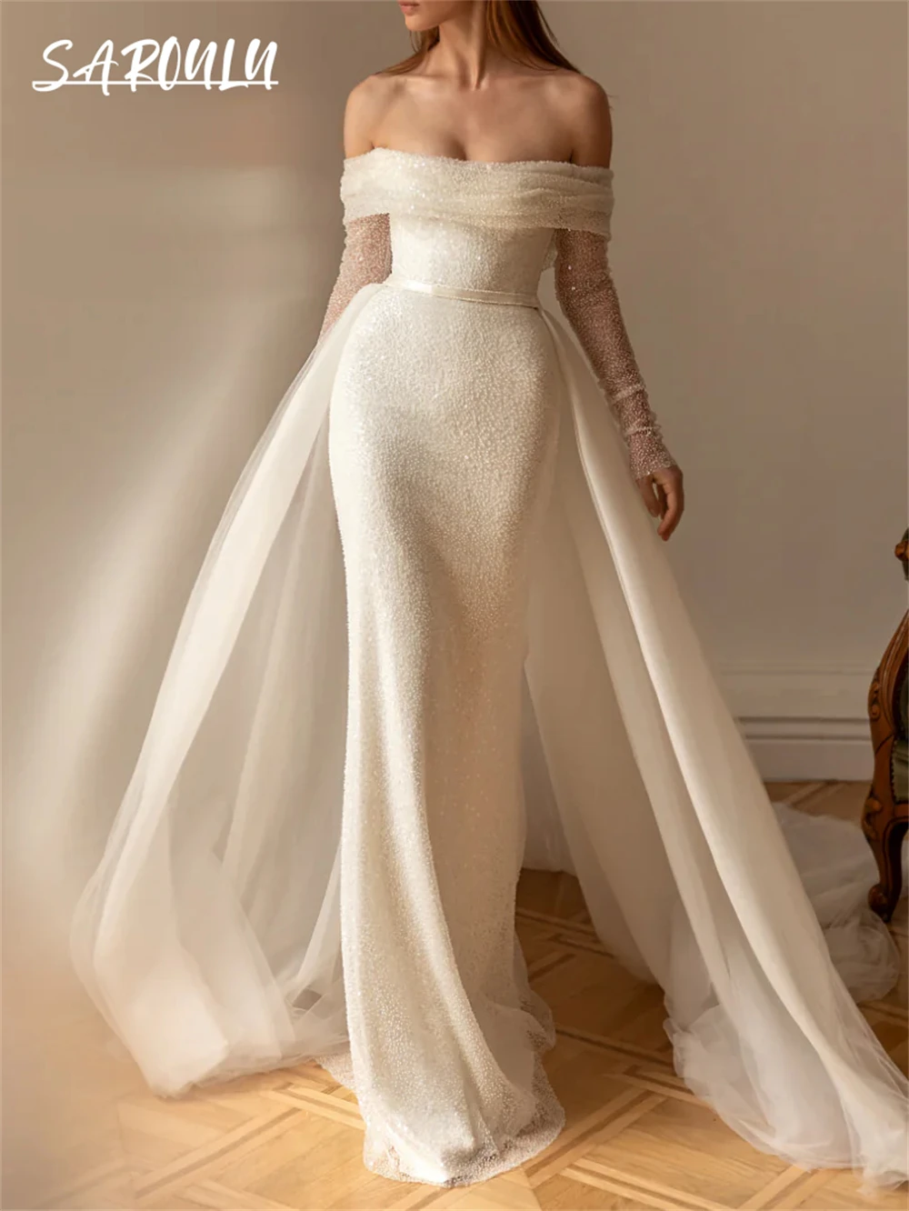 

2 in 1 Sparkle Wedding Dress for Women, Full Off Shoulder Sleeves, Customized Mermaid Sequins Bride Dresses Detachable Train