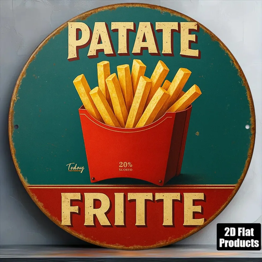 Vintage French Fries Metal Tin Sign 8x8 Inch Round Aluminum Plaque for Kitchen Restaurant Cafe Decor