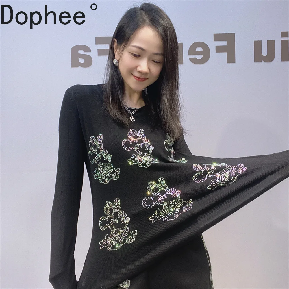

High Stretch Autumn Winter Long Sleeve Women Bottoming Tees Shiny Cartoon Diamonds Black Slim Pullover Top Trendy Cotton T-shirt
