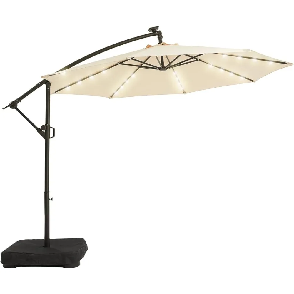 Beige Parasol Fixing 10FT Solar Patio Offset Umbrella Outdoor Cantilever Umbrella Hanging Umbrellas With Weighted Base Sunshade