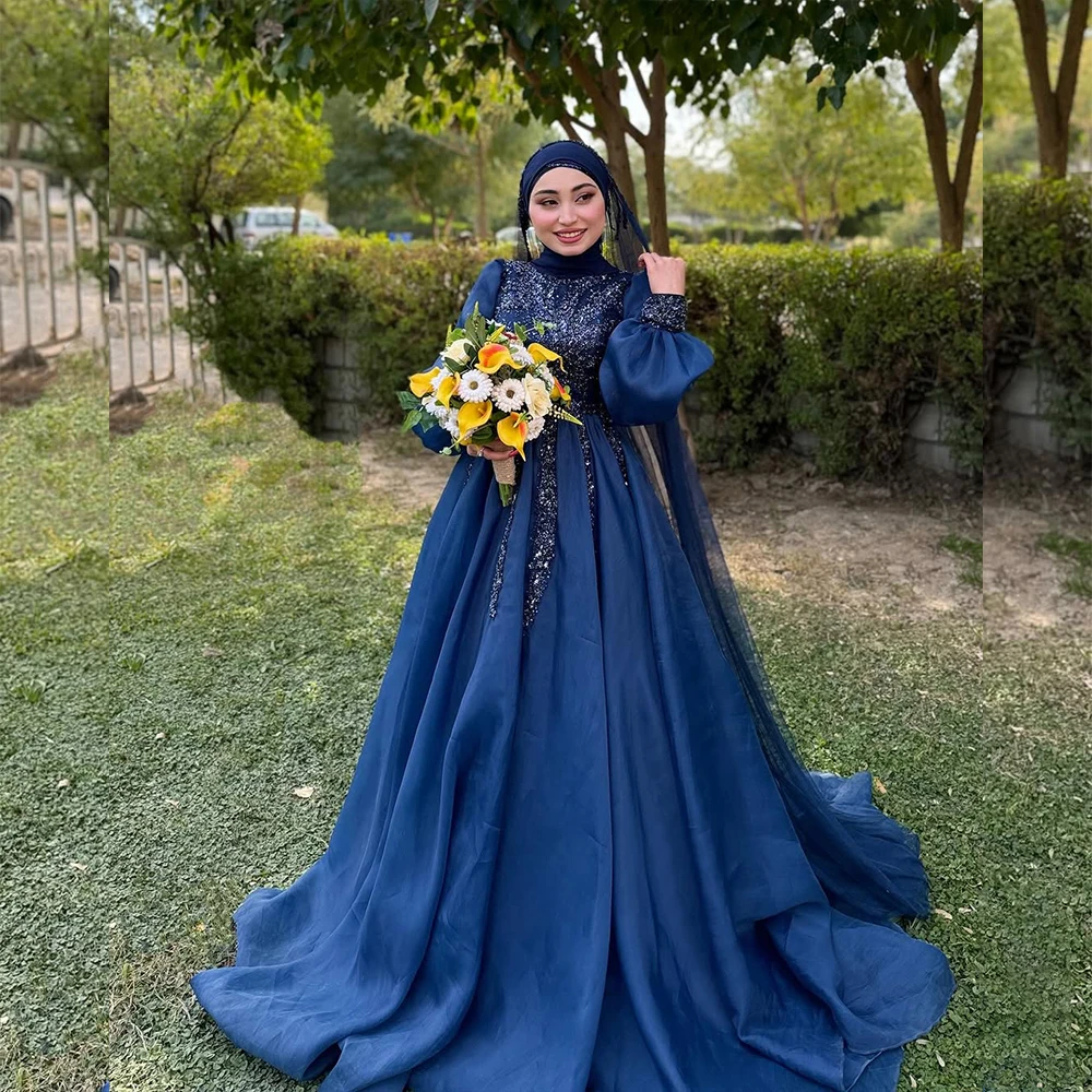 

Colorful Wedding Dresses Plus Size High Neck Long Sleeve Muslim Dress with Beading A Lien Sweep Train Bridal Gown Customized