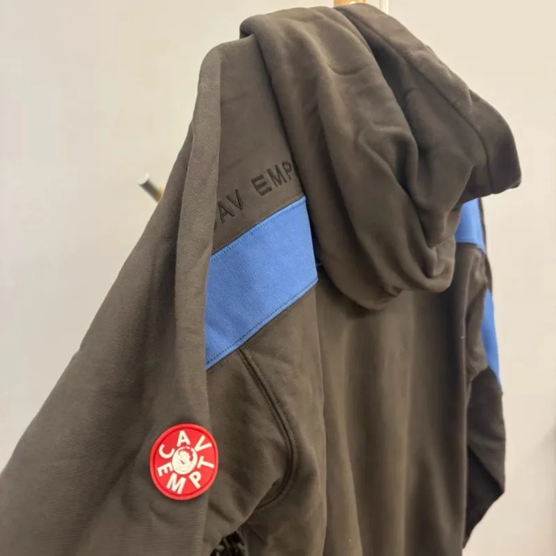 

Свитшот с капюшоном CAVEMPT в стиле пэчворк с синей ребристой тесьмой, модный уличный оверсайз с вышитыми буквами, хлопковый пуловер CE