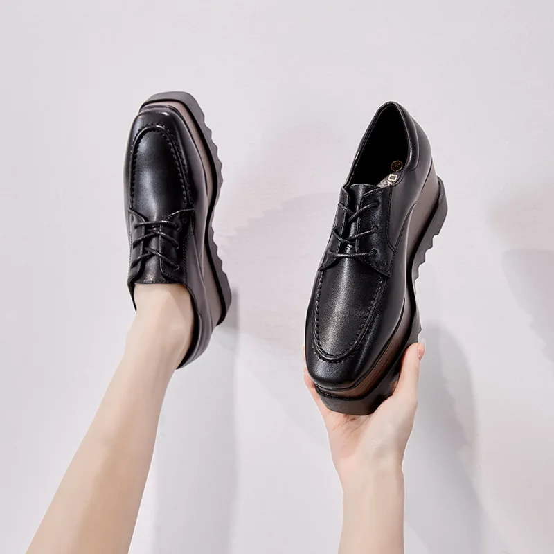 Oxford casual Donna Scarpe con zeppa con plateau in pelle Autunno Inverno Mocassini rialzati con punta quadrata Décolleté con lacci poco profondi Moda