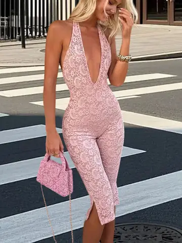 Fashion Lace Jumpsuit Summer New Sexy Lady Party Deep V-neck Backless Sleeveless Slim Split Cropped Pants Jumpsuit For Women