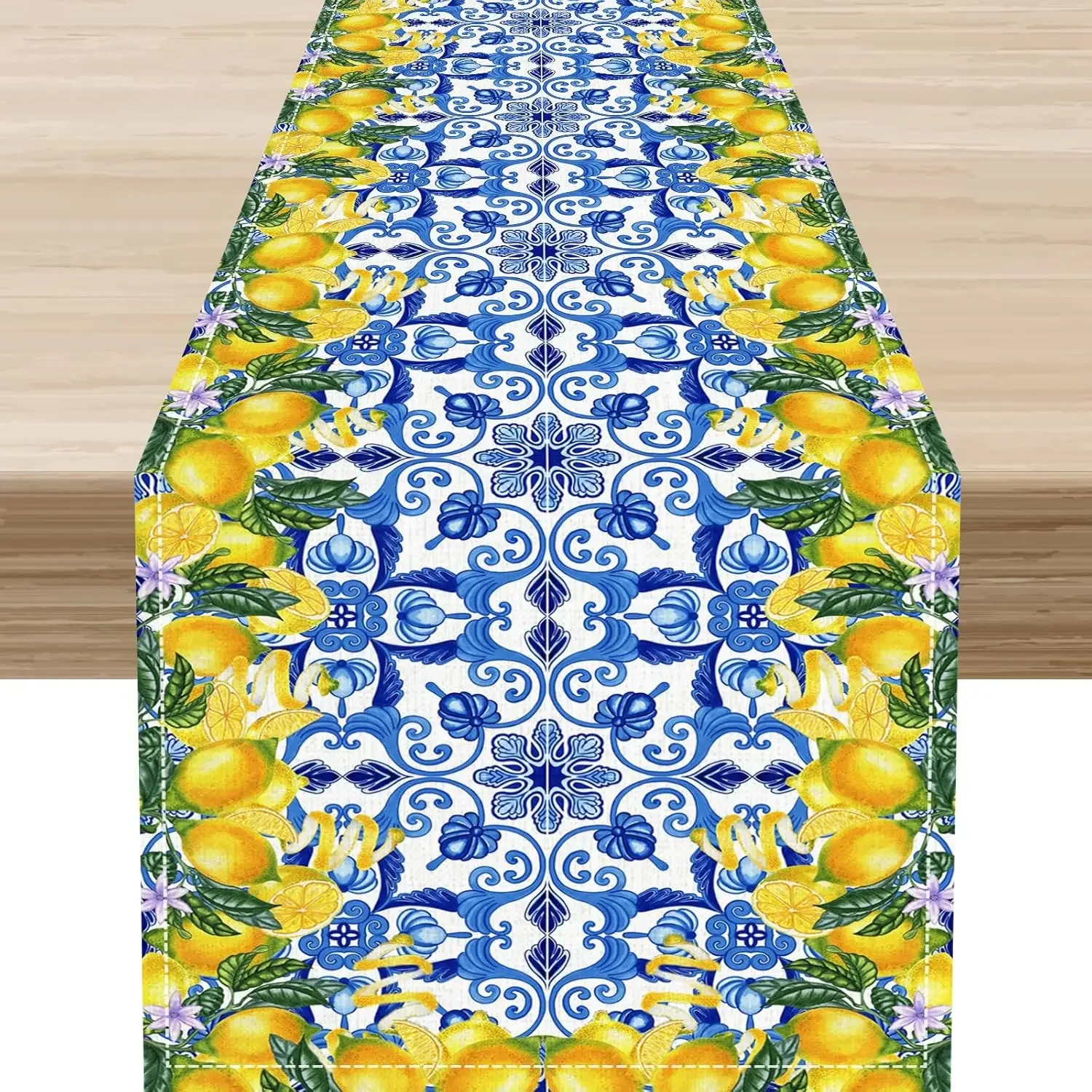 1Pc Mediterranean Style Table Runner Blue And Yellow Lemon And Floral Tile Print Table Cover For Dining Table Kitchen Party Wedd