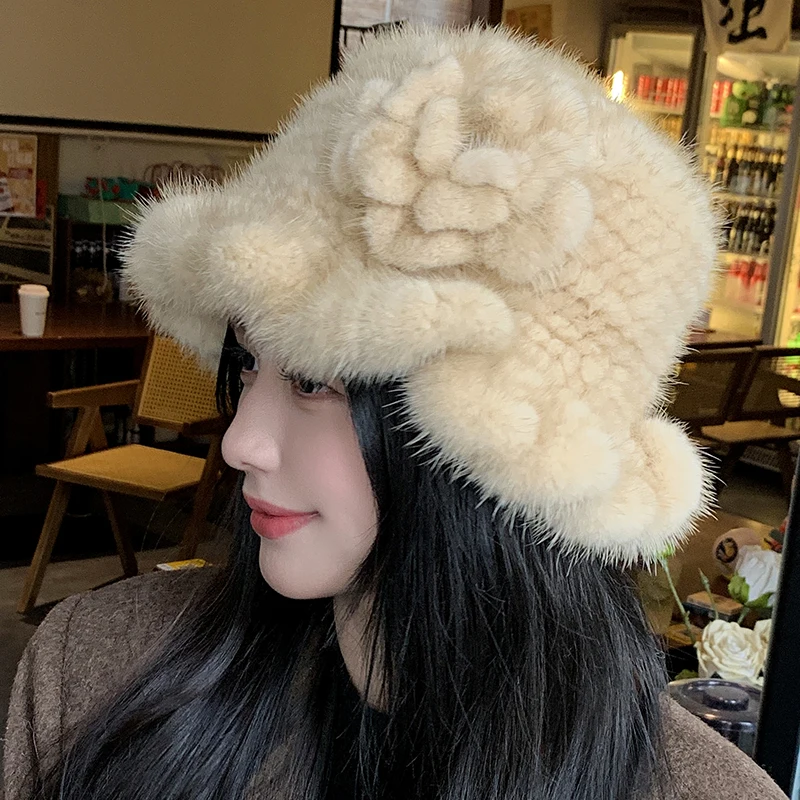 Topi Bulu Mink Asli 100% untuk Wanita, Topi Bucket Musim Dingin Penghangat, Topi Bulu Mink Asli Rajutan Alami Mewah untuk Wanita
