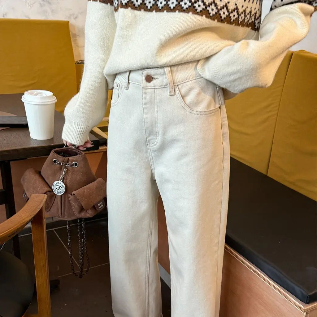 

Ностальгические цельные флокированные утолщенные джинсы в клетку с отложным воротником в американском стиле, зимние прямые широкие брюки на флисовой подкладке