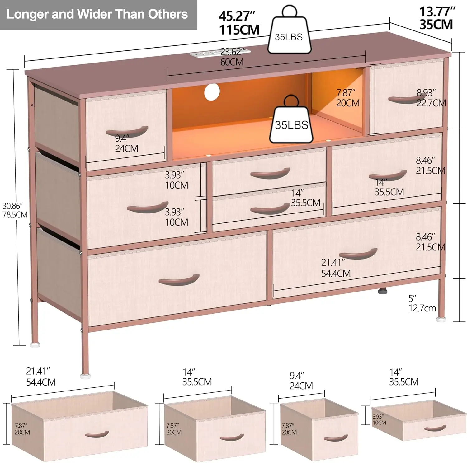 with Charging Station and LED Light for Bedroom 8 Fabric Drawers Chest of Drawers with Power Outlet Storage Open Shelf for Livin