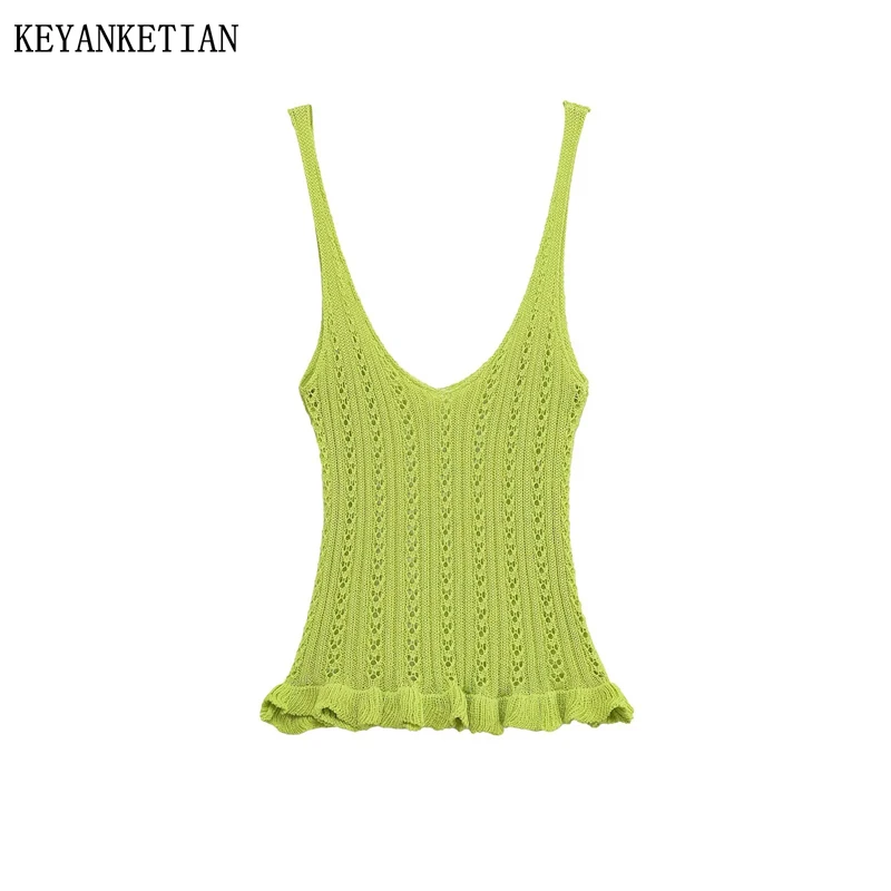 

KEYANKETIAN новый летний женский многослойный жаккардовый сетчатый вязаный жилет-бретелька женский короткий топ