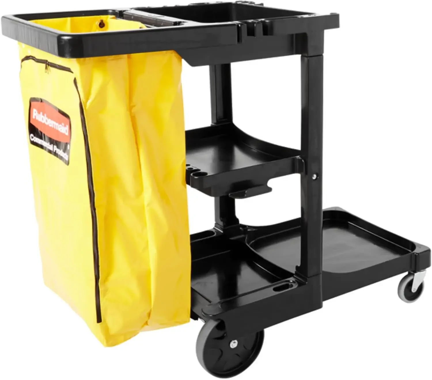 Rubbermaid Commercial Traditional Janitorial 3-Shelf Cleaning Cart, Wheeled with Zippered Yellow Vinyl Bag, for Business/School