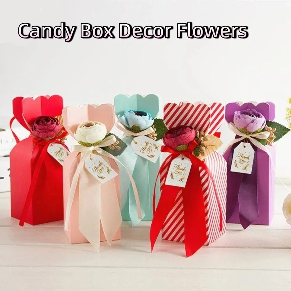 6pcs Realistic Gift Box Decor Silk Ribbon Rustic Style Door Handle Flowers Elegant Candy Box Flower Just Married Decor