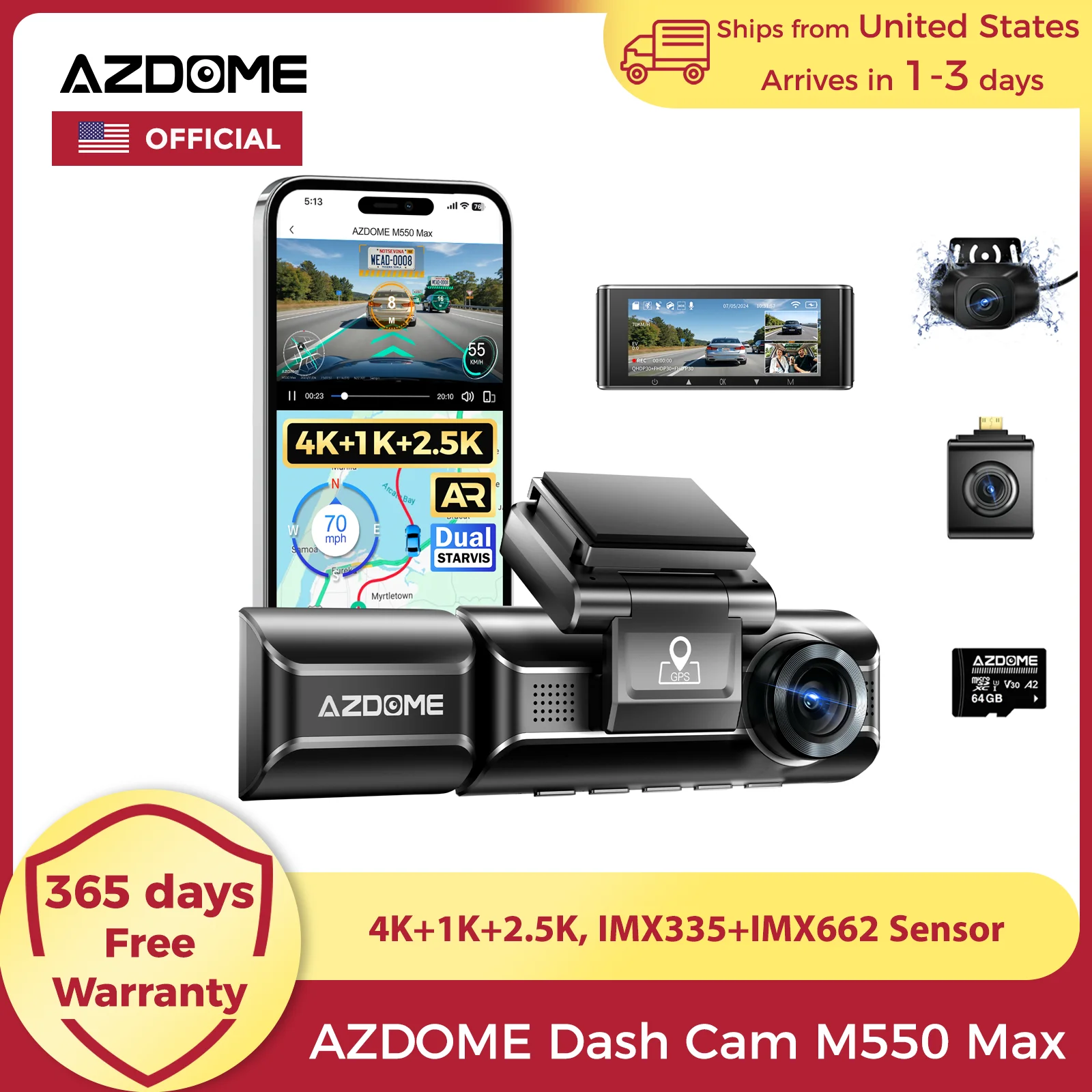 

Видеорегистратор AZDOME 4K M550 Max со встроенным GPS и Wi-Fi, 3,18-дюймовым экраном, ночным видением, круглосуточным мониторингом парковки и поддержкой задней камеры