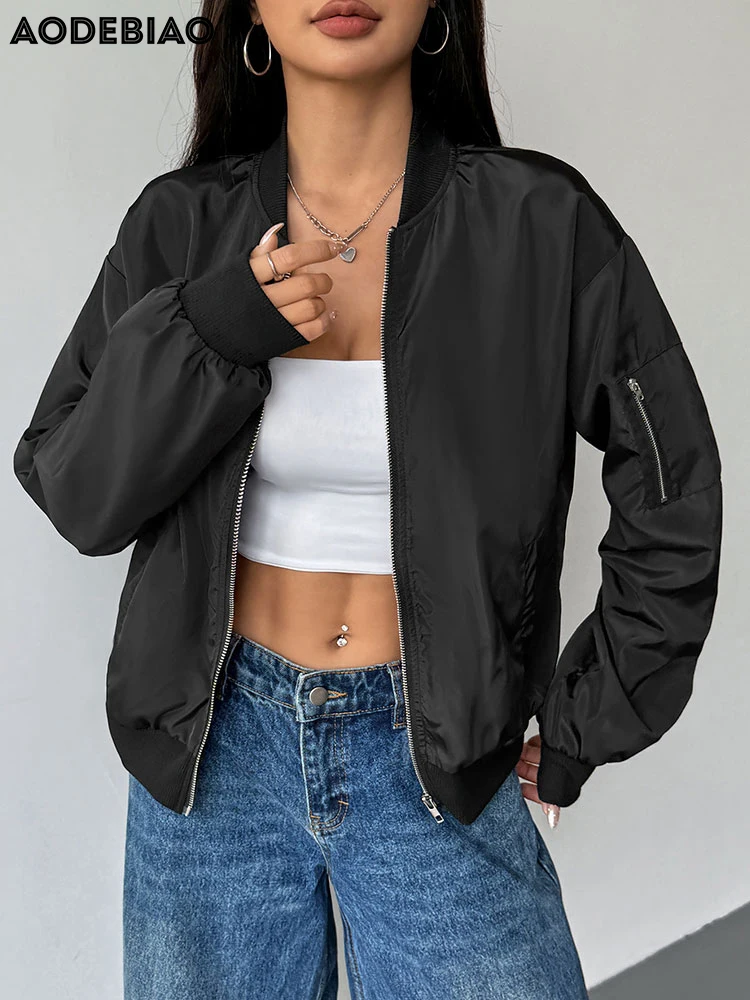 معطف نسائي من AODEBIAO يحافظ على الدفء بأكمام طويلة وسحابات عصرية وسترة صوفية للخريف والشتاء معطف أسود غير رسمي ملابس خروج للسيدات #4