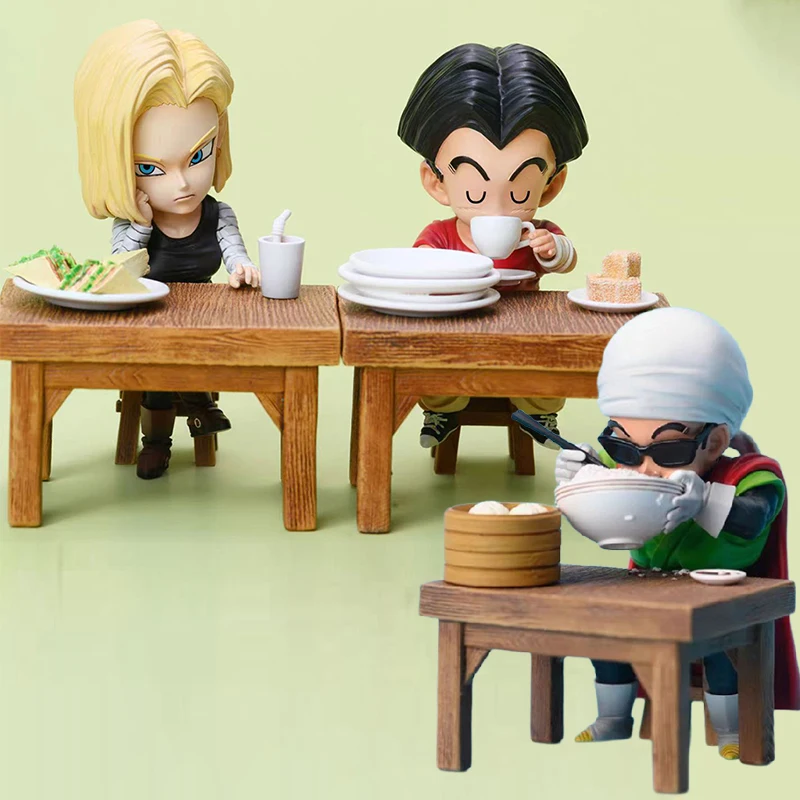 Anime Android18 Dragon Ball Z Figure Kuririn Action Figure Dining Scene Saiyaman Gohan Figurine Eating Food Statue PVC Model Toy