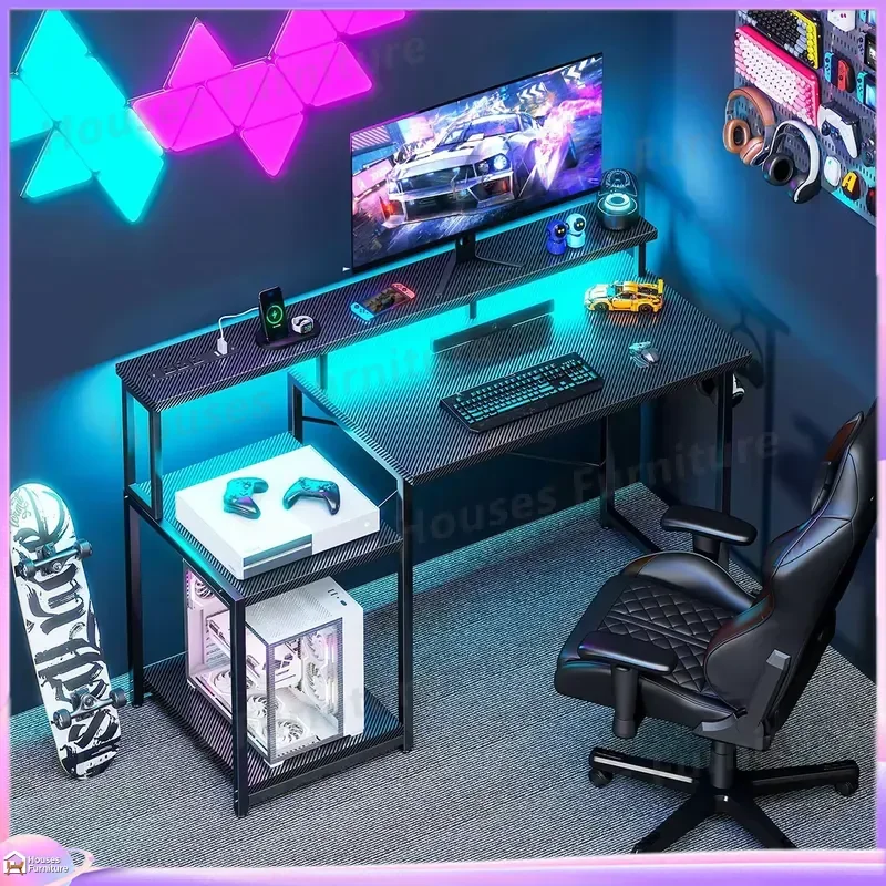 Adjustable  LED Gaming Desk with Carbon Fiber Surface Wooden Desktop Computer Desk for PC Gaming Setup Cup Holder