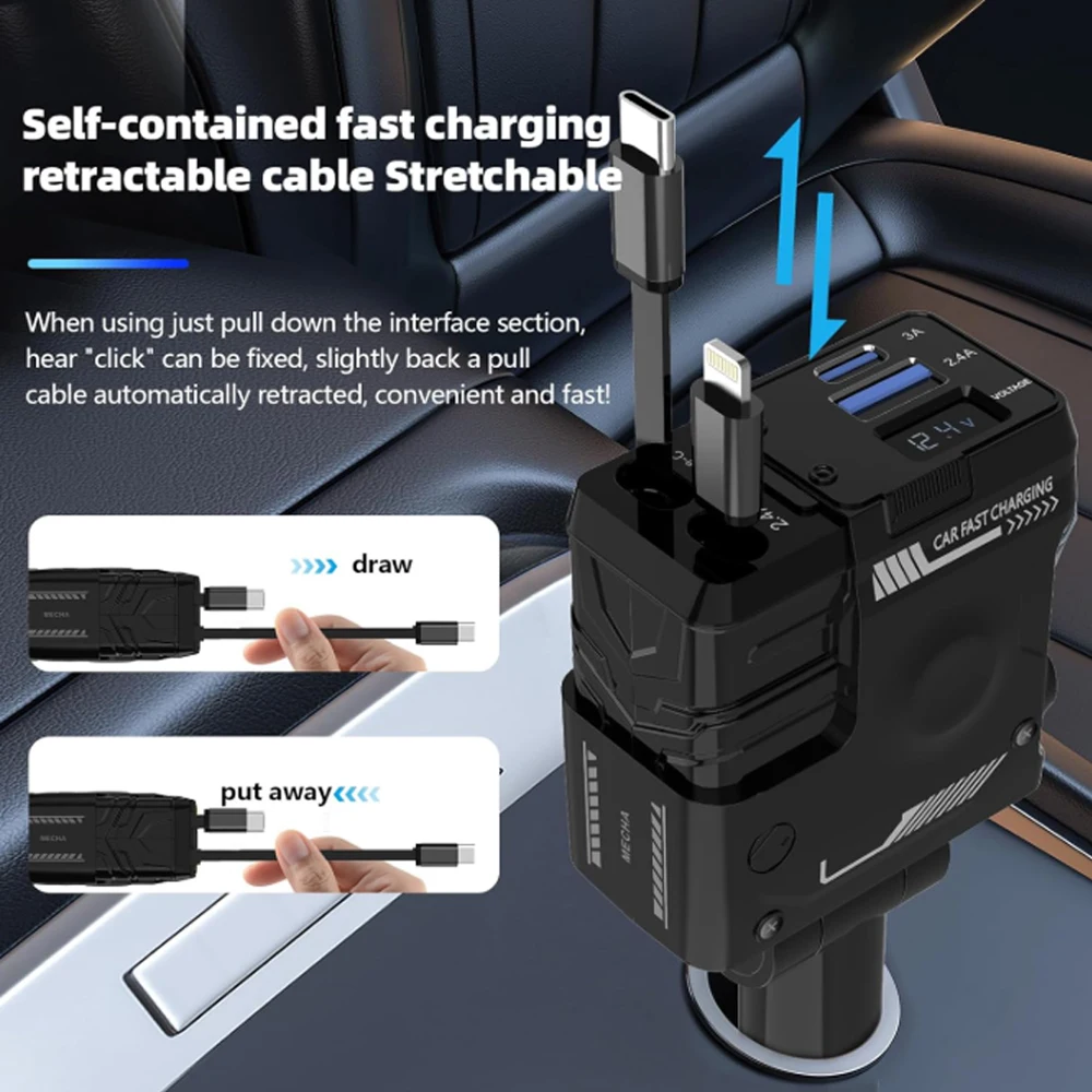 Car Charger 4 in 1,Fast Car Charger 66W,2 Retractable Cable with Type-C Ports USB Charging Port Upgraded Car Charger for iPhone