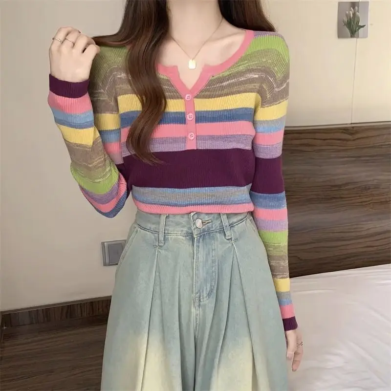 Women Trendy Striped Patchwork Chic Sweet Knitwear Spring Autumn Casual Round Neck Long Sleeve Pullover Tops Female Slim Jumpers