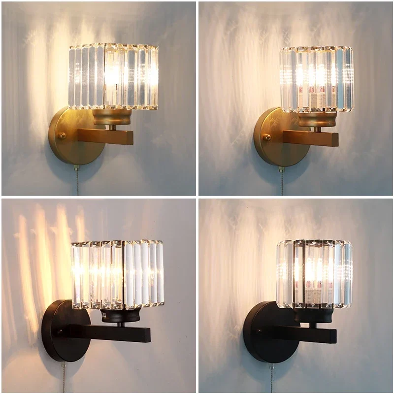 Crystal Wall Lights Sconce Modern Nordic Bedroom Lamp Decor Home Pull Switch Lighting Living Room Bed Side Wall Mirror Fixture