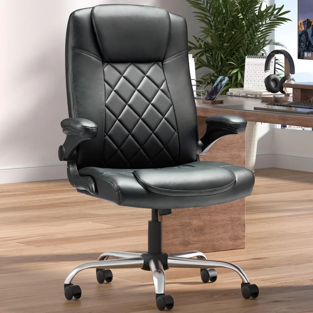 Ergonomic Adjustable PU Leather Computer Chair with Lumbar Support and Flip-Up Arms for Home Office Desk Managers